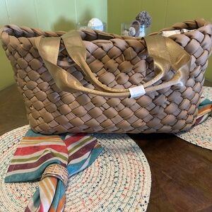 BCBG Tan Woven Tote with Gold Accents